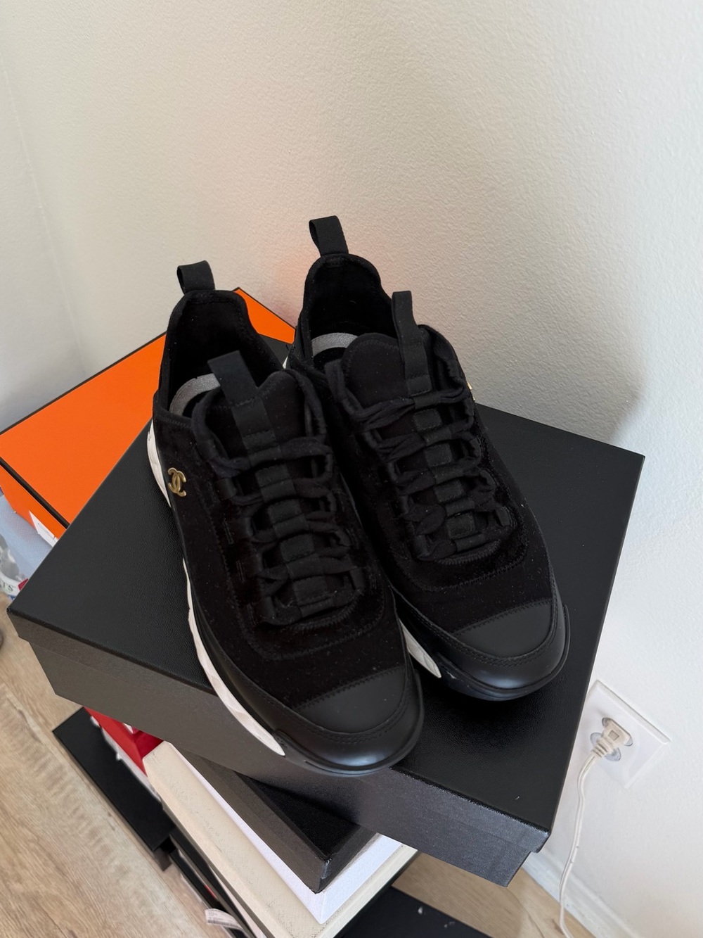 CHANEL Black and White Quilted-Sole Sneakers with Gold CC - Picture 3 of 8